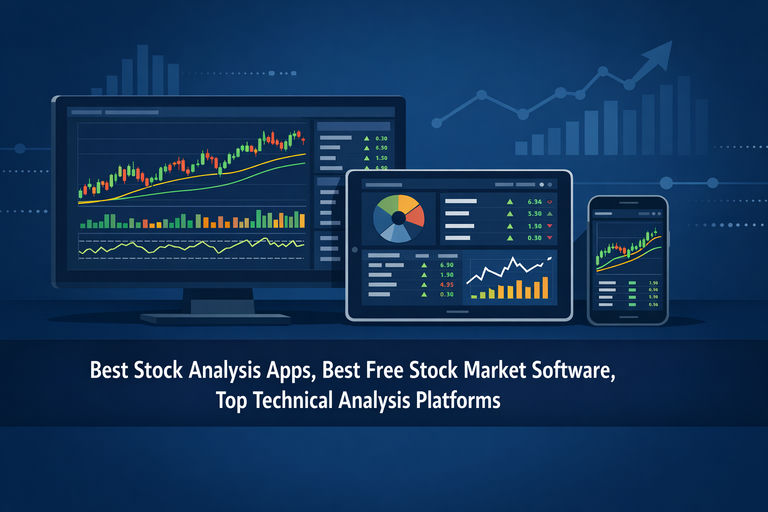 Professional illustration of multiple stock analysis app interfaces displayed on a desktop monitor, tablet, and smartphone showing charts, technical indicators, and market data dashboards