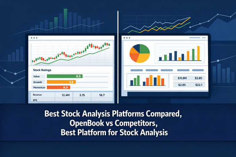 Professional illustration comparing multiple stock analysis platform interfaces on a split screen, with charts, factor scores, and financial data displayed side by side