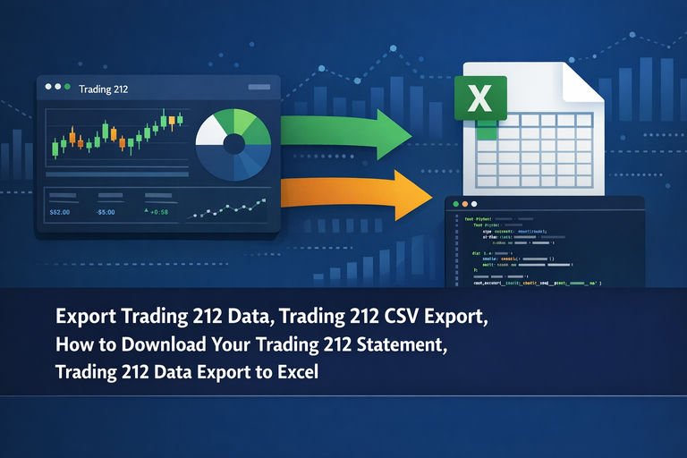 Illustration of a Trading 212 account dashboard with data export arrows flowing into a spreadsheet and a Python code editor on a clean blue background
