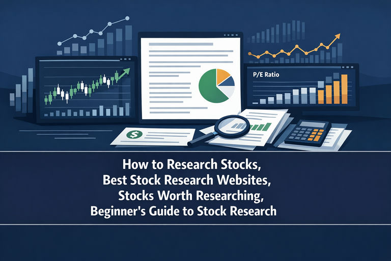 Professional illustration of an investor reviewing stock research data on multiple screens showing financial charts, company filings, and valuation metrics