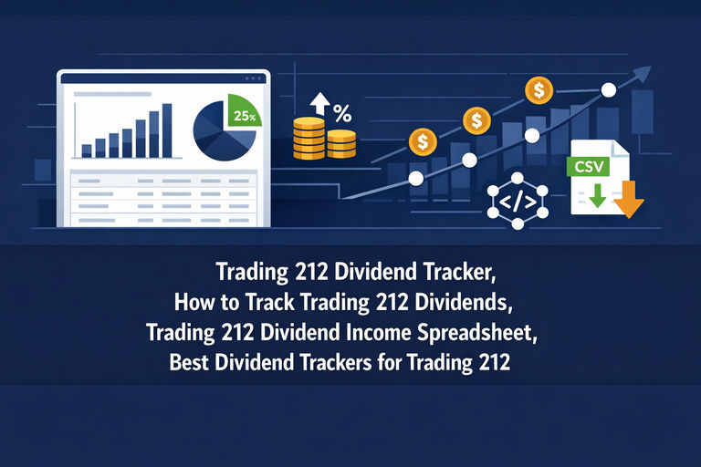 Professional illustration of a dividend income dashboard showing Trading 212 CSV export data visualised as monthly bar charts and a portfolio breakdown table