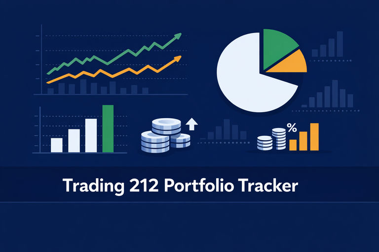 Illustration of a professional investment dashboard showing a Trading 212 portfolio connected to API data feeds and analytics charts
