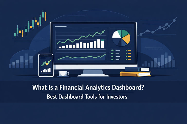 Professional illustration of a financial analytics dashboard displaying portfolio performance charts, asset allocation graphs, and real-time market data on a computer screen