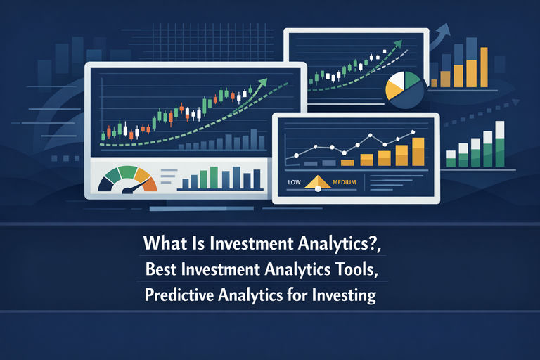 Professional illustration of a financial analytics dashboard displaying stock charts, predictive trend lines, risk metrics, and data visualizations on multiple screens