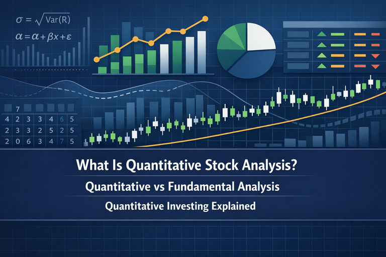 Professional illustration of a financial data dashboard with mathematical models, stock charts, and factor scoring metrics representing quantitative stock analysis