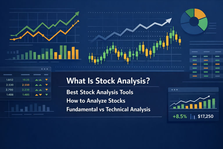 Professional illustration of a digital stock analysis dashboard with charts, data tables, and analytics widgets