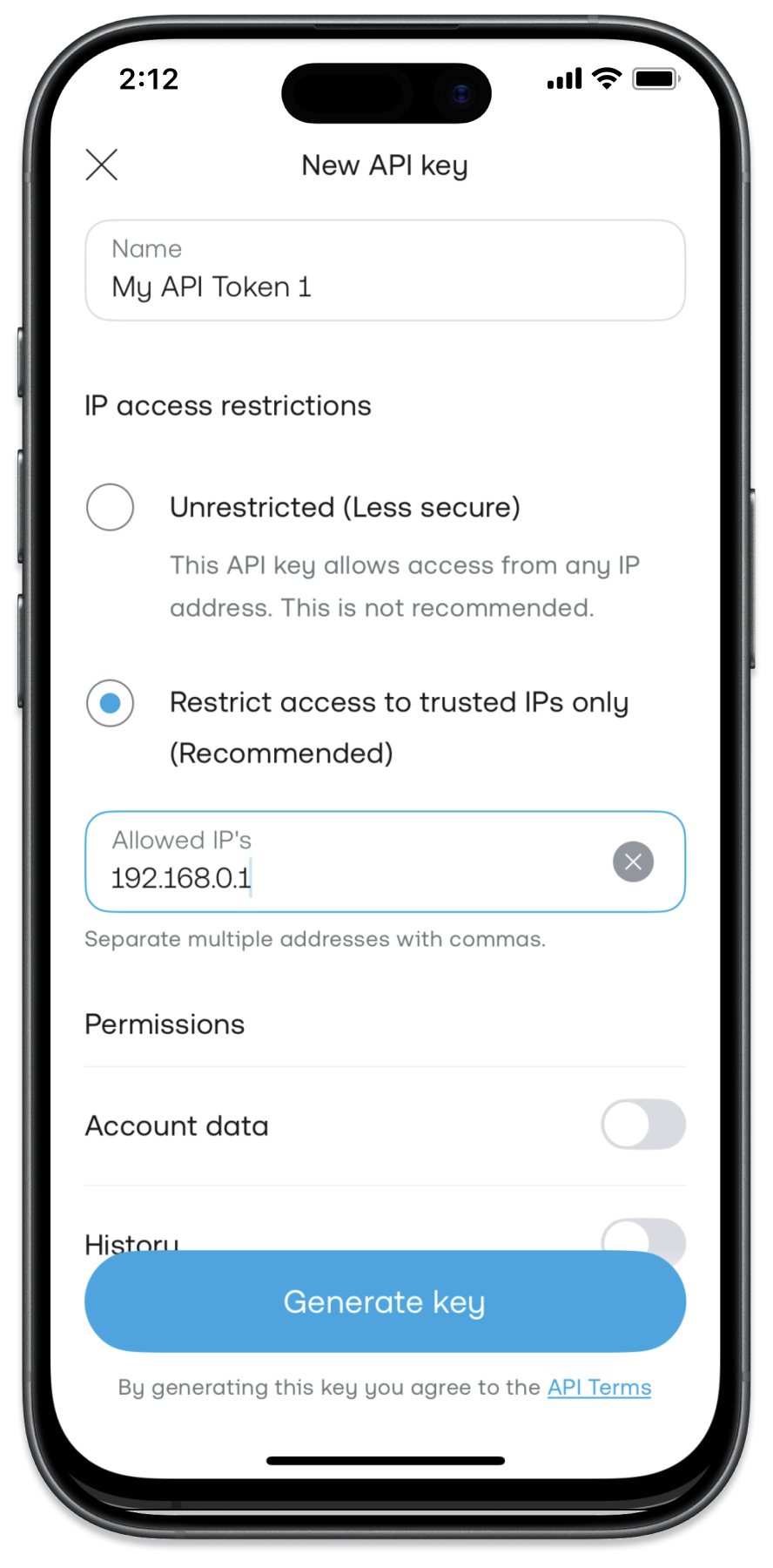 The Trading 212 New API key form showing the Name field, the IP access restrictions options, and the Account data permission toggle.