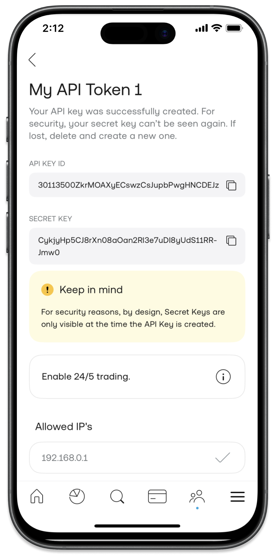 The Trading 212 screen after a key is created, showing the API Key ID and the Secret Key, with a note that the secret is only visible at creation.